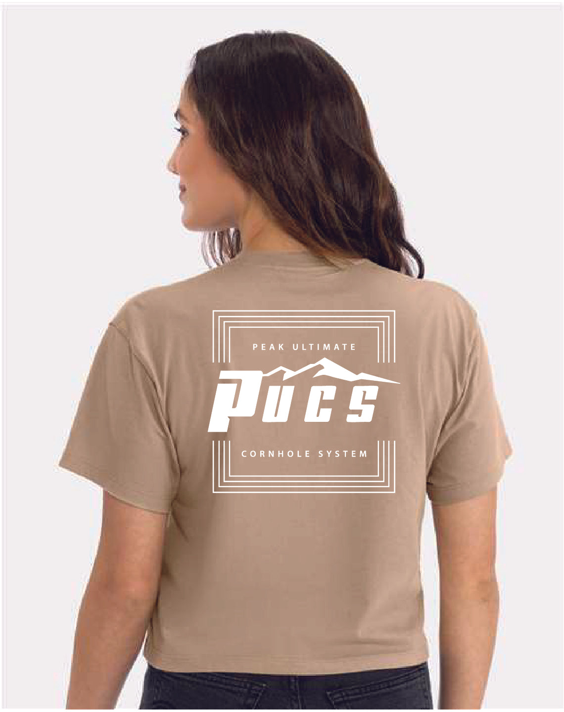 PUCS Sandstone Crop Tee – Minimalist Athletic Cutoff Shirt with White Back Logo