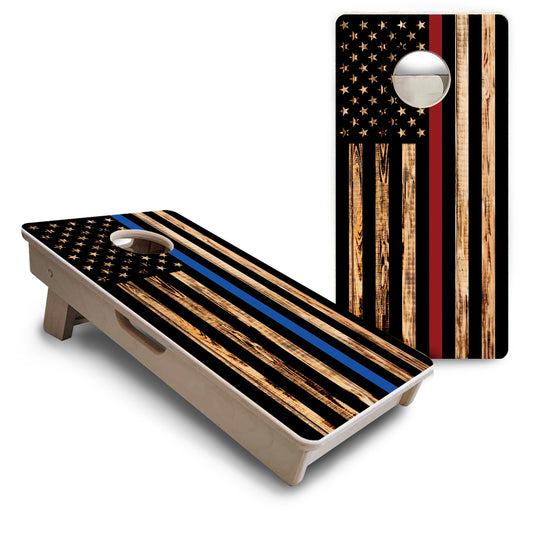 Mini Cornhole Boards - Blue & Red Line Burnt Flag