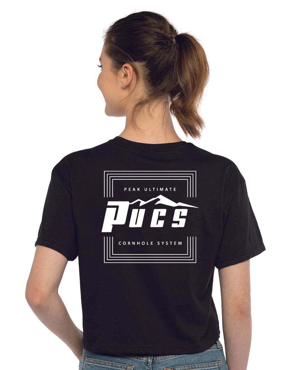 PUCS Women’s Black Crop Tee – Bold Branded Cutoff T-Shirt for Game Day Vibes