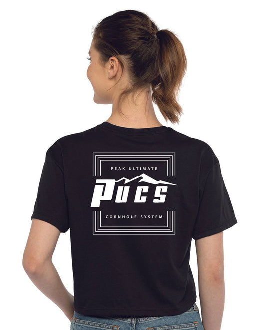 PUCS Women’s Black Crop Tee – Bold Branded Cutoff T-Shirt for Game Day Vibes