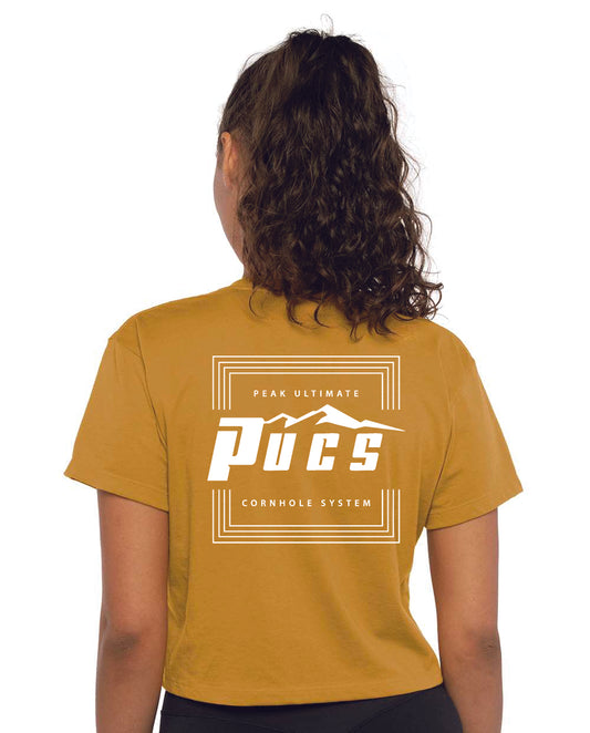 PUCS Gold Crop Tee – Bright Athletic Cutoff T-Shirt with Bold White Logo Design