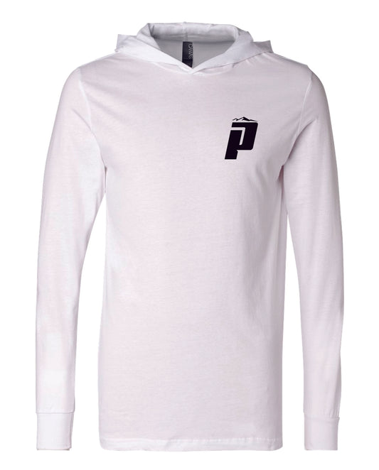 White PUCS Cornhole Hoodie – Sleek Lightweight Pullover with Black Logo Design