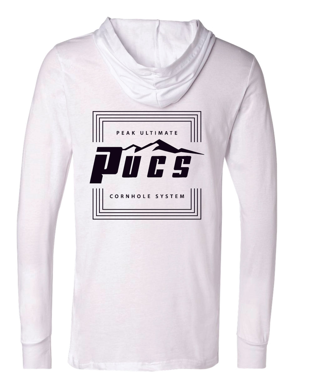 White PUCS Cornhole Hoodie – Sleek Lightweight Pullover with Black Logo Design