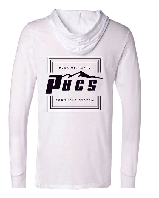 White PUCS Cornhole Hoodie – Sleek Lightweight Pullover with Black Logo Design