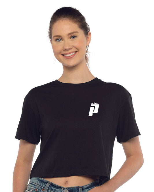PUCS Women’s Black Crop Tee – Bold Branded Cutoff T-Shirt for Game Day Vibes