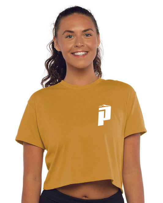 PUCS Gold Crop Tee – Bright Athletic Cutoff T-Shirt with Bold White Logo Design