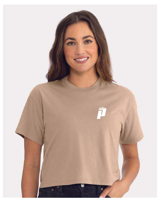 PUCS Sandstone Crop Tee – Minimalist Athletic Cutoff Shirt with White Back Logo