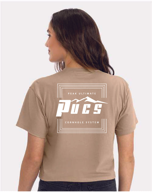 PUCS Sandstone Crop Tee – Minimalist Athletic Cutoff Shirt with White Back Logo