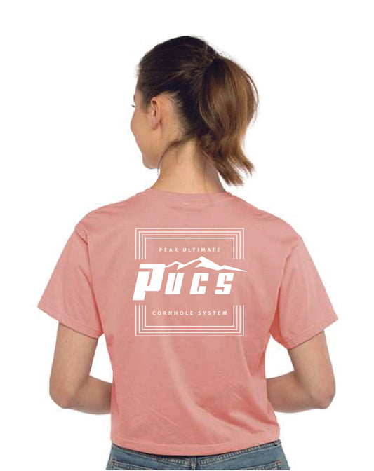 PUCS Pink Crop Tee – Soft Cotton Cutoff T-Shirt with White Logo Graphics