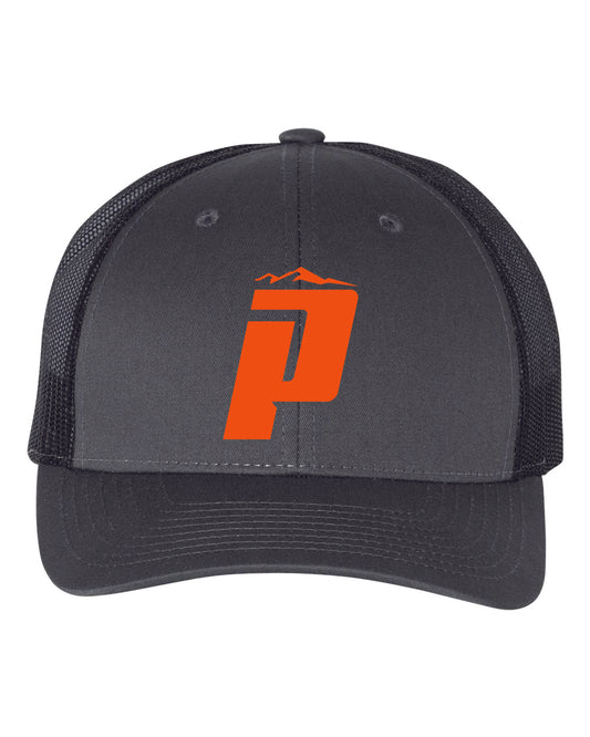 PUCS Black Mesh Trucker Cap – Bold Red “P” Logo Snapback with Breathable Back
