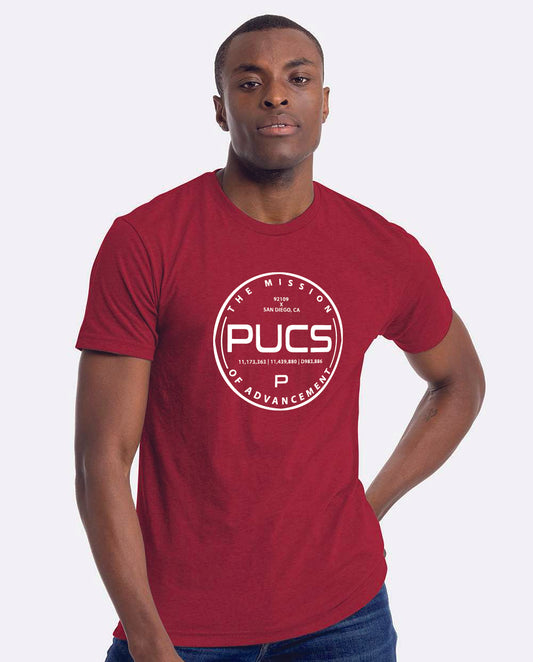 PUCS Mission Statement Tee – Crimson Red Graphic T-Shirt with San Diego Coordinates Logo