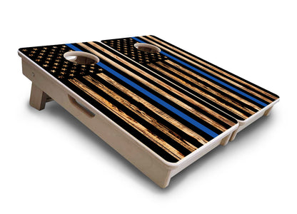 Mini Cornhole Boards - Blue & Red Line Burnt Flag