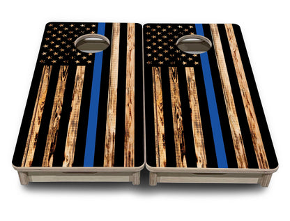 Mini Cornhole Boards - Blue & Red Line Burnt Flag
