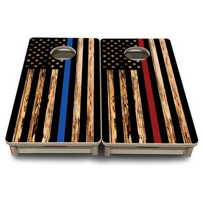 Mini Cornhole Boards - Blue & Red Line Burnt Flag