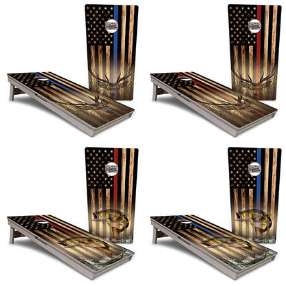Blue & Red Line Burnt Flag Deer & Fish Cornhole Boards - Professional Tournament Series